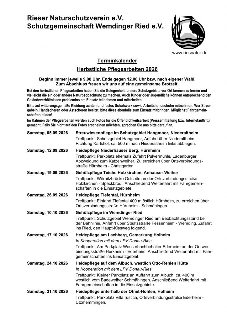 Terminkalender Pflegeeinsätze Herbst 2026 des Rieser Naturschutzvereins
